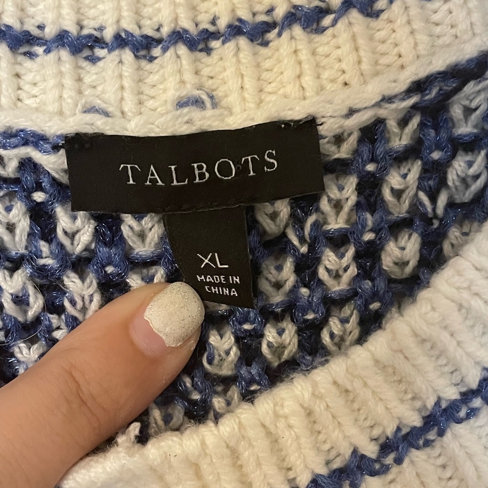 Talbots Mixed Texture Jacket Cardigan Blue White Striped Sweater Fringe XL - Picture 4 of 8
